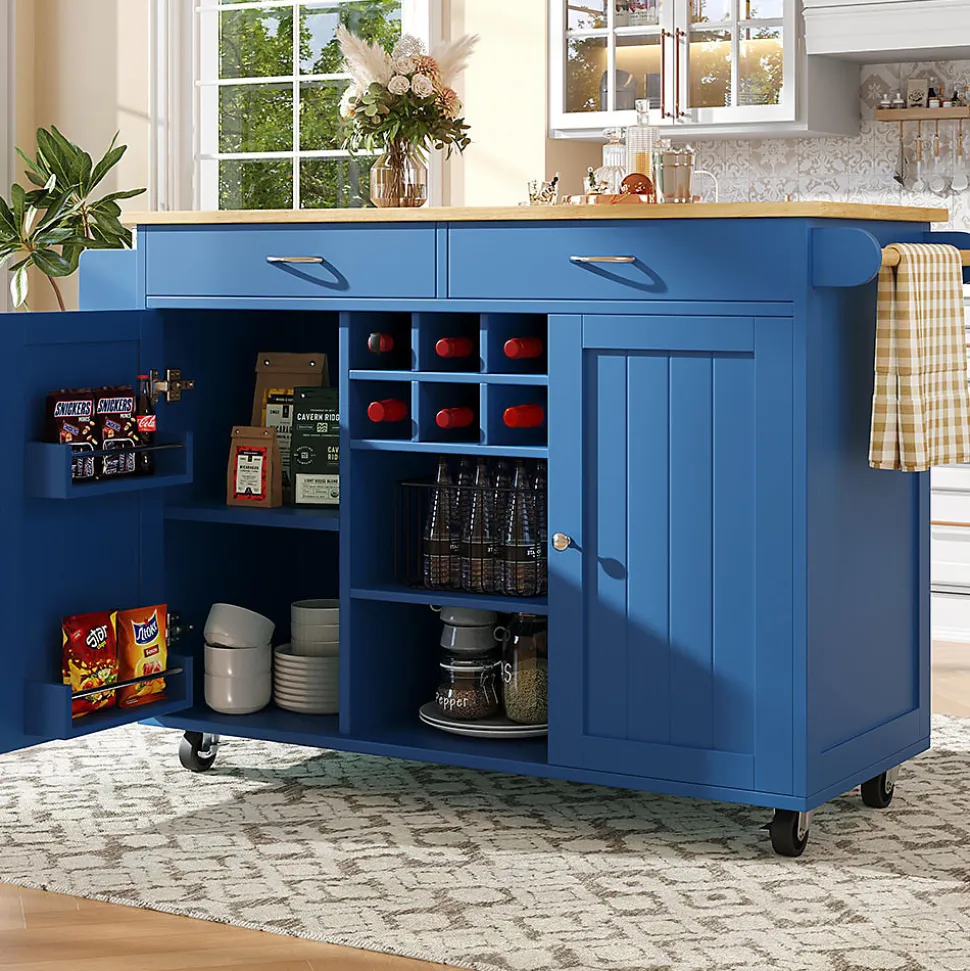 Îlot Cuisine Buffet Desserte Veinure Bois Rangement Bleu Blackcolors