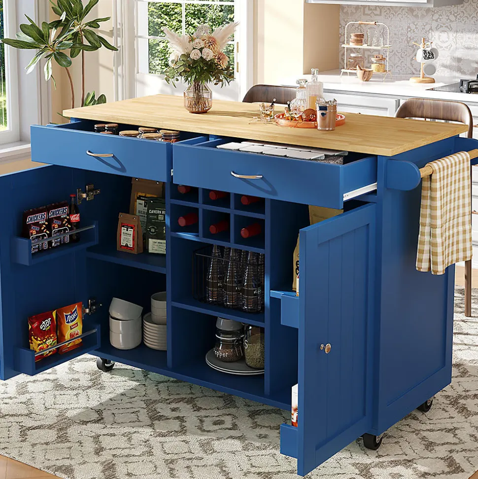 Îlot Cuisine Buffet Desserte Veinure Bois Rangement Bleu Blackcolors