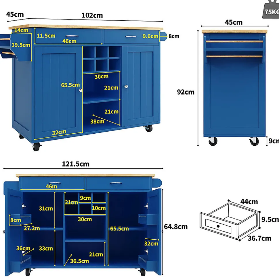 Îlot Cuisine Buffet Desserte Veinure Bois Rangement Bleu Blackcolors