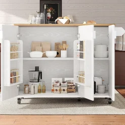 Îlot cuisine extensible 130x45x92 cm, grain de bois, 3 portes, étagères réglables - blanc/noir