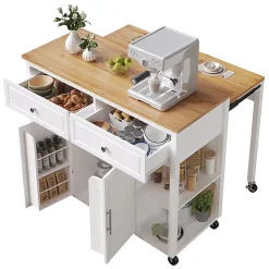 Îlot cuisine haut de gamme avec roulettes, 2 tiroirs, freins, rangement spacieux, bois - salon/cuisine