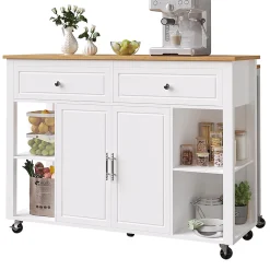 Îlot cuisine haut de gamme avec roulettes, 2 tiroirs, freins, rangement spacieux, bois - salon/cuisine