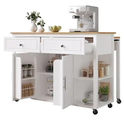 Îlot cuisine haut de gamme avec roulettes, 2 tiroirs, freins, rangement spacieux, bois - salon/cuisine