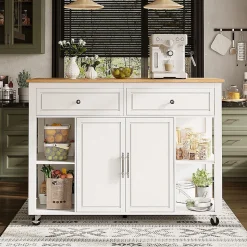 Îlot cuisine haut de gamme avec roulettes, 2 tiroirs, freins, rangement spacieux, bois - salon/cuisine