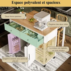 Îlot cuisine haut de gamme avec roulettes, 2 tiroirs, freins, rangement spacieux, bois - salon/cuisine