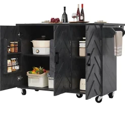 Îlot cuisine mobile 118x45x92 cm, 3 tiroirs, étagères réglables, porte-serviettes, roulettes