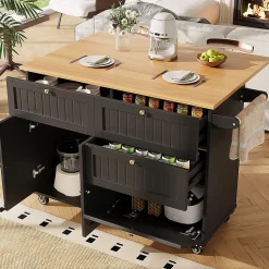 Îlot cuisine moderne bois veiné noir, multifonction+rangement