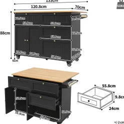 Îlot cuisine moderne bois veiné noir, multifonction+rangement