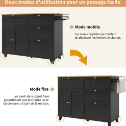 Îlot cuisine moderne bois veiné noir, multifonction+rangement
