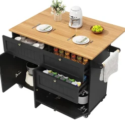 Îlot cuisine moderne bois veiné noir, multifonction+rangement