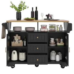 Îlot cuisine 120x40(80)x95cm - chariot coulissant, 2 portes, 3 tiroirs, noir/blanc