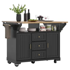 Îlot cuisine 120x40(80)x95cm - chariot coulissant, 2 portes, 3 tiroirs, noir/blanc