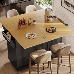 Îlot cuisine 120x40(80)x95cm - chariot coulissant, 2 portes, 3 tiroirs, noir/blanc