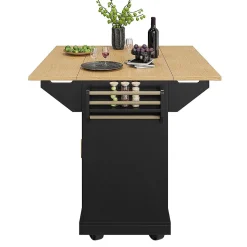 Îlot cuisine 120x40(80)x95cm - chariot coulissant, 2 portes, 3 tiroirs, noir/blanc