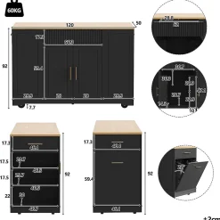 Îlot cuisine 120x50x92cm - chariot à roulettes, 2 portes, 3 tiroirs