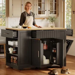 Îlot cuisine 120x50x92cm - chariot à roulettes, 2 portes, 3 tiroirs