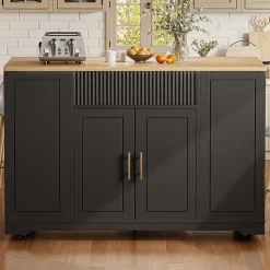 Îlot cuisine 120x50x92cm - chariot à roulettes, 2 portes, 3 tiroirs