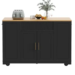 Îlot cuisine 120x50x92cm - chariot à roulettes, 2 portes, 3 tiroirs