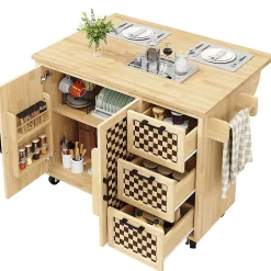 Îlot cuisine 120x45(75)x92cm - extensible, porte-serviettes, damier bois