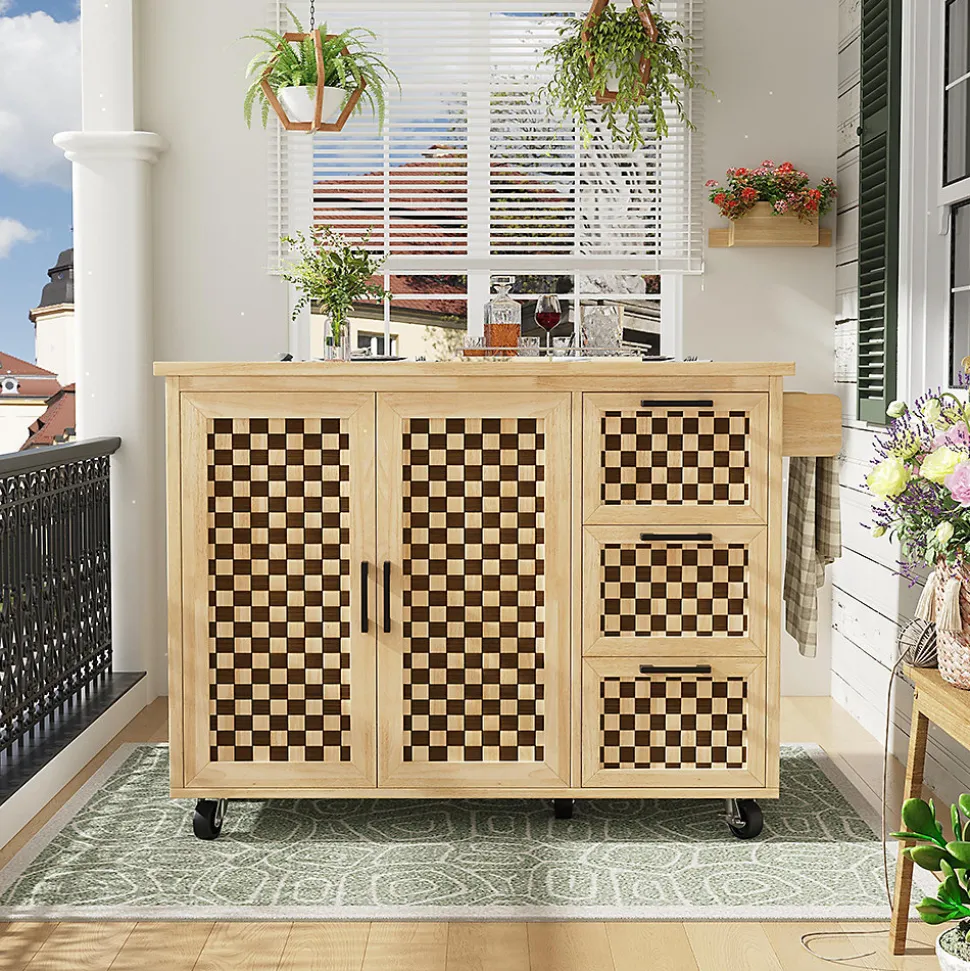 Îlot cuisine 120x45(75)x92cm - extensible, porte-serviettes, damier bois