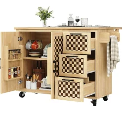 Îlot cuisine 120x45(75)x92cm - extensible, porte-serviettes, damier bois