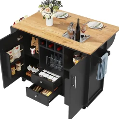 Îlot cuisine 120x73x92cm blanc/noir, rabattable+étagères+roulettes