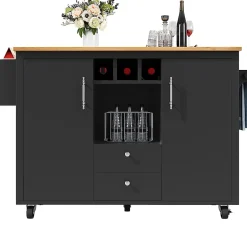 Îlot cuisine 120x73x92cm blanc/noir, rabattable+étagères+roulettes