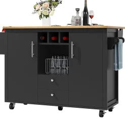 Îlot cuisine 120x73x92cm blanc/noir, rabattable+étagères+roulettes