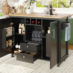 Îlot cuisine 120x73x92cm blanc/noir, rabattable+étagères+roulettes