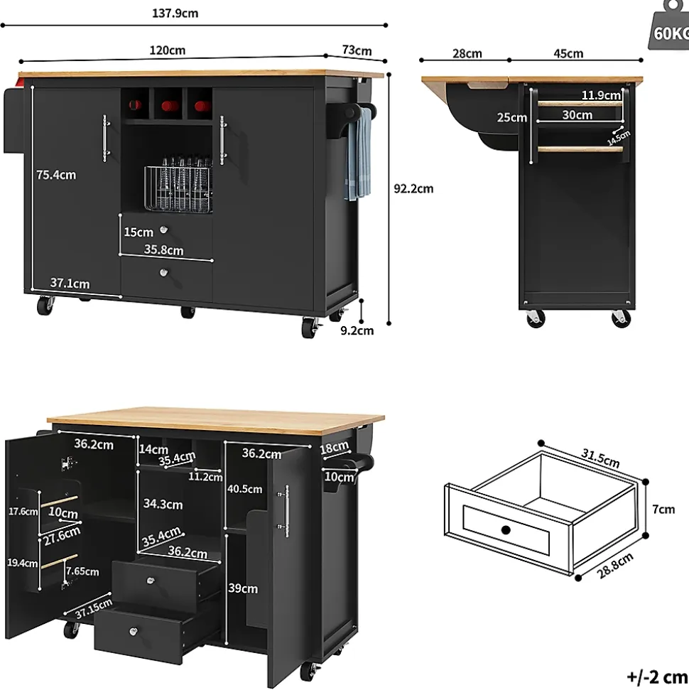 Îlot cuisine 120x73x92cm blanc/noir, rabattable+étagères+roulettes