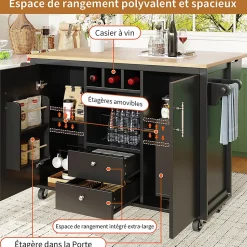 Îlot cuisine 120x73x92cm blanc/noir, rabattable+étagères+roulettes