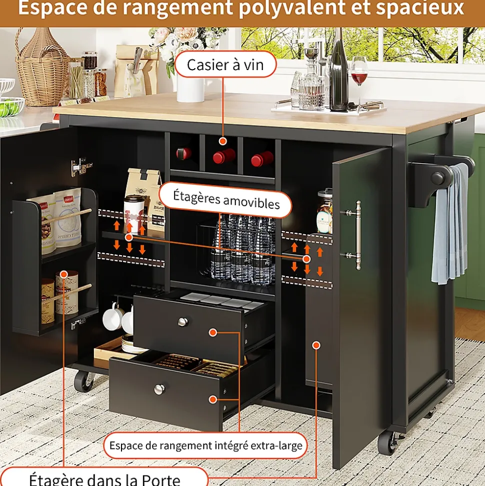 Îlot cuisine 120x73x92cm blanc/noir, rabattable+étagères+roulettes
