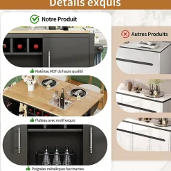 Îlot cuisine 120x73x92cm blanc/noir, rabattable+étagères+roulettes