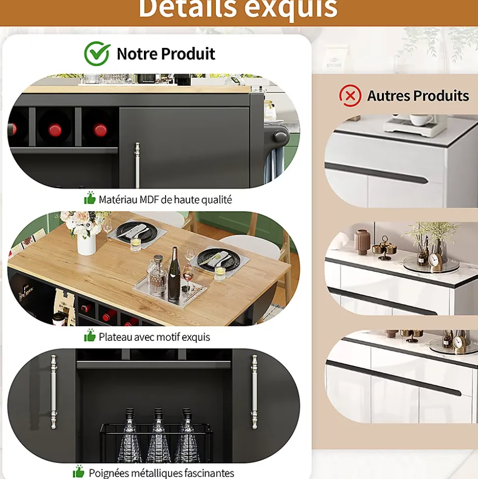 Îlot cuisine 120x73x92cm blanc/noir, rabattable+étagères+roulettes