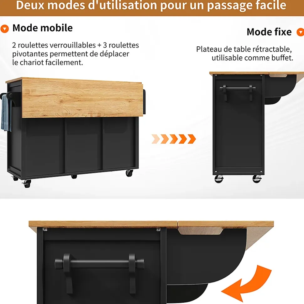 Îlot cuisine 120x73x92cm blanc/noir, rabattable+étagères+roulettes