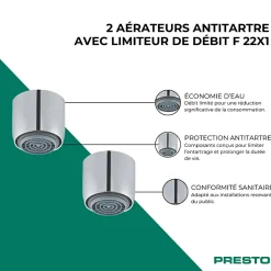 Lot de 2 aérateurs antitartre avec limiteur de débit 1,9 l/min F 22x1 PRESTO chromé