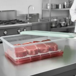 Lot de 12 bacs de décongélation de 6,5 L avec grille (couvercle vert). Sans BPA. Pour restauration, cuisines, cantines