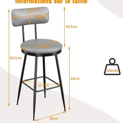 Lot de 2 chaises de bar gris foncé, similicuir, dossier ergonomique, cadre métal, confortables et faciles à nettoyer