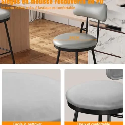 Lot de 2 chaises de bar gris foncé, similicuir, dossier ergonomique, cadre métal, confortables et faciles à nettoyer