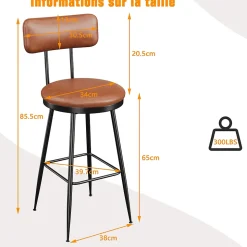 Lot de 4 chaises de bar marron en similicuir, dossier ergonomique, cadre métal robuste, confortables et faciles à nettoyer