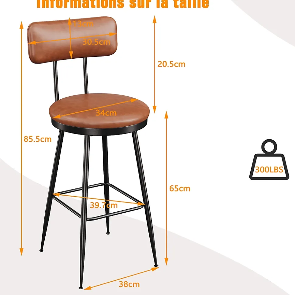 Lot de 4 chaises de bar marron en similicuir, dossier ergonomique, cadre métal robuste, confortables et faciles à nettoyer