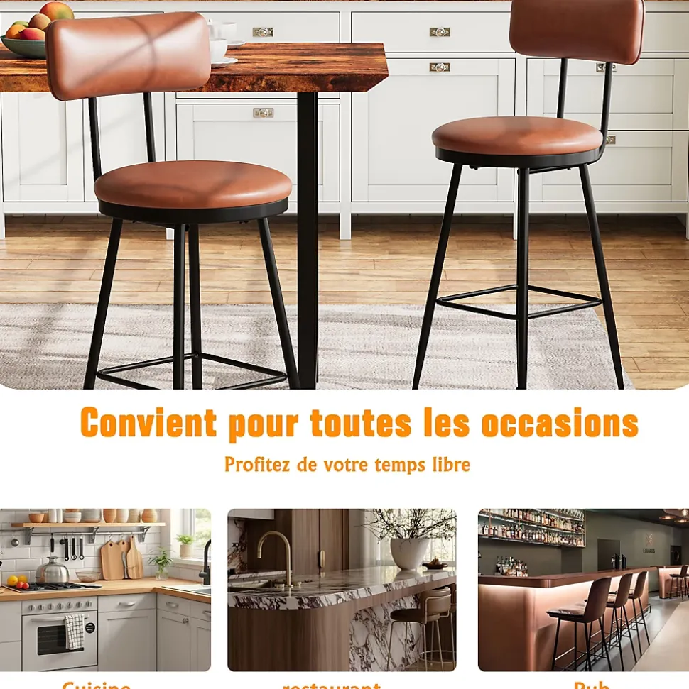 Lot de 4 chaises de bar marron en similicuir, dossier ergonomique, cadre métal robuste, confortables et faciles à nettoyer