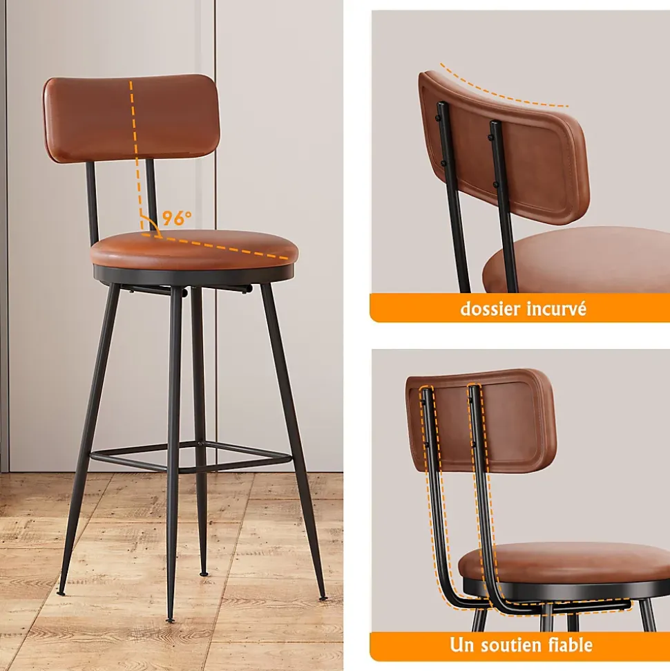 Lot de 4 chaises de bar marron en similicuir, dossier ergonomique, cadre métal robuste, confortables et faciles à nettoyer
