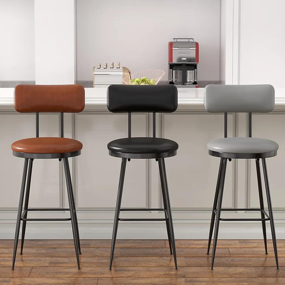 Lot de 4 chaises de bar marron en similicuir, dossier ergonomique, cadre métal robuste, confortables et faciles à nettoyer