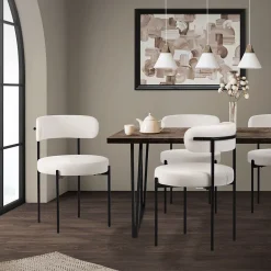 Lot de 6 chaises de cuisine rond en tissu teddy blanc avec dossier pied en acier