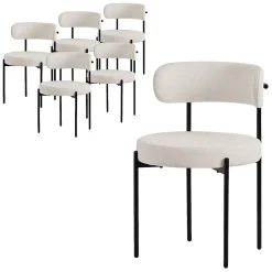 Lot de 6 chaises de cuisine rond en tissu teddy blanc avec dossier pied en acier
