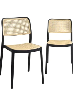 Lot de 2 chaises de cuisine empilables yao, imitation rotin noir et beige