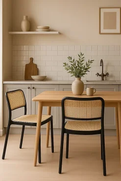 Lot de 2 chaises de cuisine empilables yao, imitation rotin noir et beige