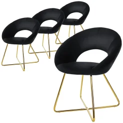 Lot de 4 chaises de salle à manger noir en velours dossier demi-coque pied doré