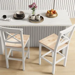 Lot de 2 chaises hautes chaises de bar style campagne chic dossier croisillon bois pin blanc naturel